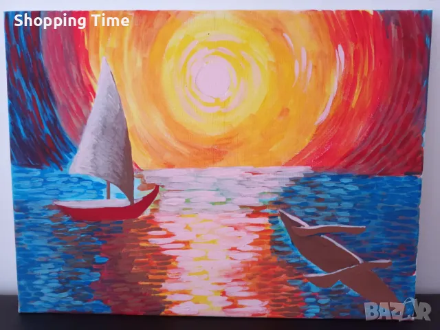 НОВА картина лодка в морето, 30х40см, ръчна изработка, акрил, Спиди/лично предаване   