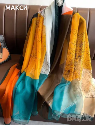 Красив елегантен ефирен широк и дълъг копринен шал в пастелни красиви цветове, снимка 1