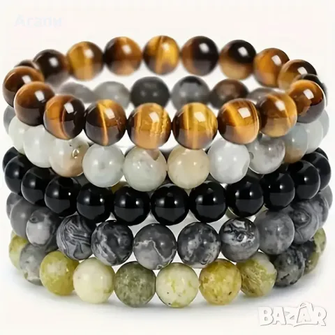 Комплект от 5 броя унисекс гривни от естествен камък нови