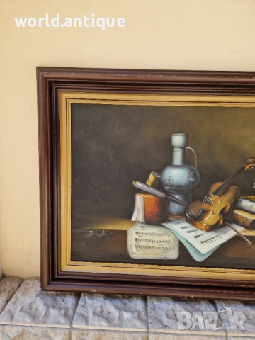 Страхотна огромна антикварна авторска картина натюрморт масло върху платно , снимка 5 - Картини - 52019690