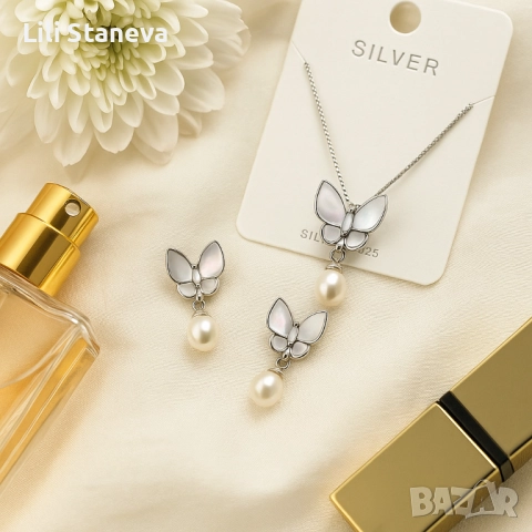 Стилен комплект бижута - Колие и обеци с пеперуди и перлен акцент. , снимка 4 - Колиета, медальони, синджири - 51467739