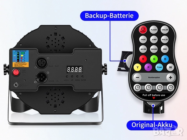 Презареждаем диско RGBW LED прожектор с DMX, 24W, дистанционно, 5500mAh батерия , снимка 4 - Лед осветление - 52369886
