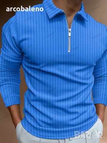 Мъжка едноцветна блуза с цип на райе с дълъг ръкав, 7цвята, снимка 3 - Блузи - 39299312