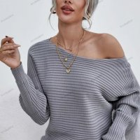 Дамски моден едноцветен секси свободен пуловер с дълъг ръкав и кухи външни рамена - 023, снимка 3 - Блузи с дълъг ръкав и пуловери - 39079012