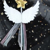 Бели крила със звезда на пръчка пластмасов топер украса декор за торта, снимка 1 - Други - 24445971