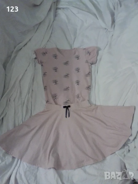Интересен комплект в блед нюанс „Пепел от рози“ от пола и блузка с летящи глухарчета, снимка 1