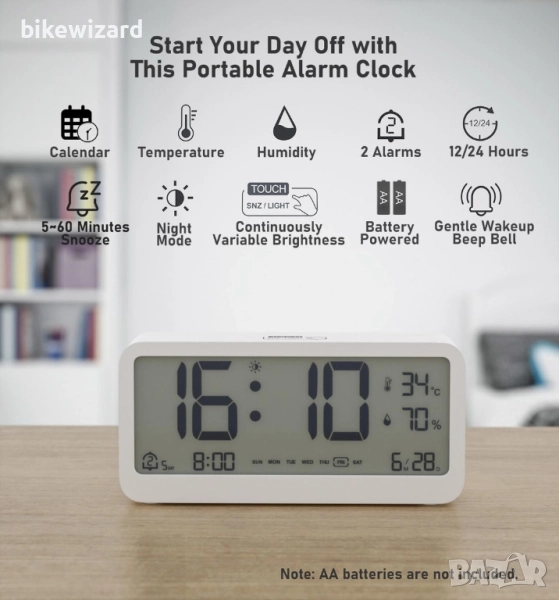 PASIVOLE Цифров будилник с термометър и влагомер аларма и светлина НОВ, снимка 1