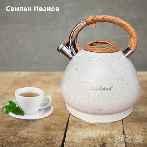 Луксозен чайник от неръждаема стомана с покритие от бял мрамор, 5L, снимка 1