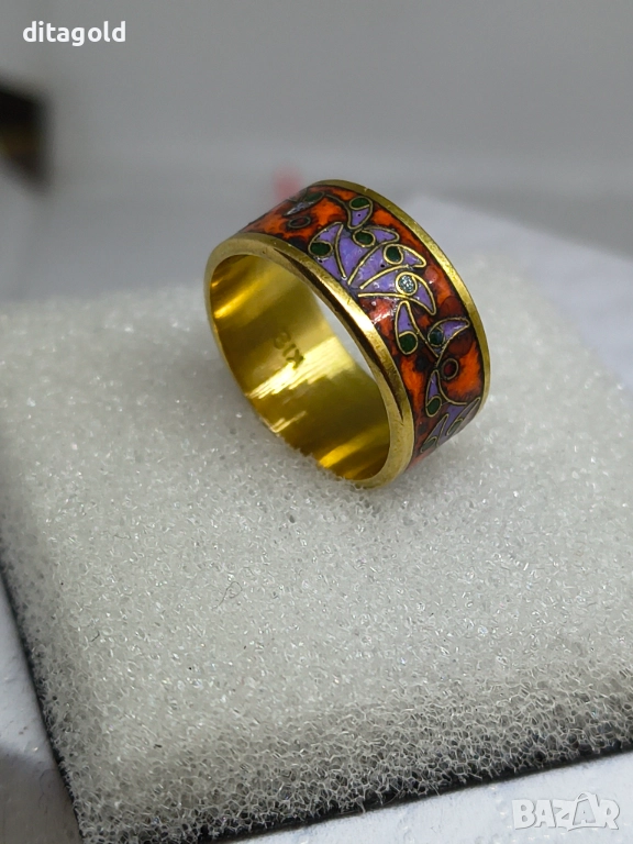 Реновиран 18К златен пръстен халка с цветен емайл 5.60 гр 18К, снимка 1