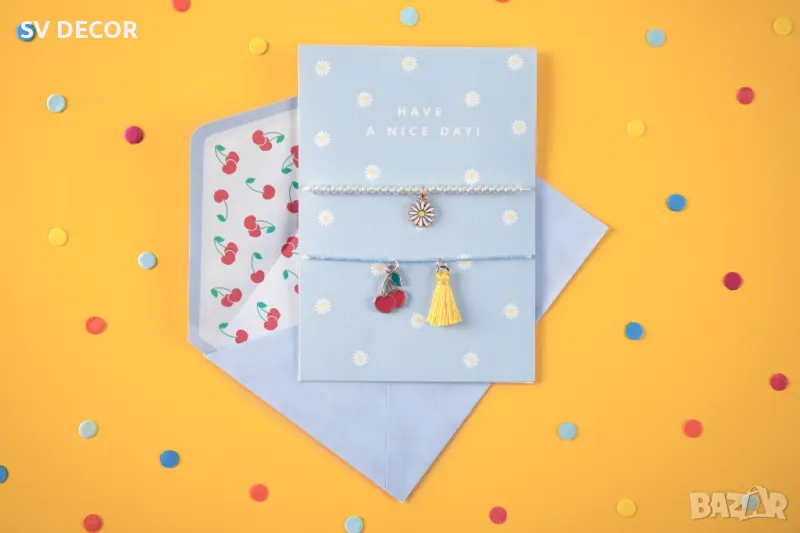 Поздравителна Картичка с Цветя и 2 гривни "Have a nice day!", снимка 1