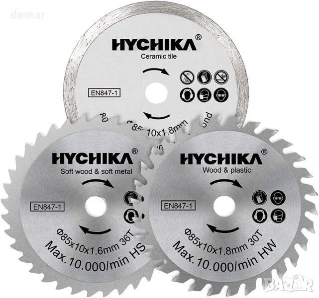 HYCHIKA Мини циркулярни дискове 3 бр. Диаметър: 85 мм, Шпиндел: 10 мм, HC/HS/Диамантени 4500 об/мин, снимка 1