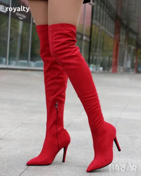 Чизми на ток - червен велур, снимка 1