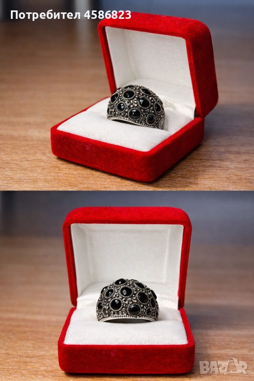 Дамски сребърен пръстен с черни камъни, снимка 1