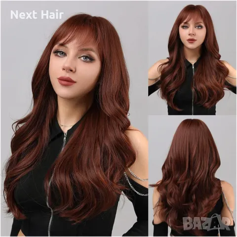 Кестенява вълнообразна перука с бретон, снимка 5 - Аксесоари за коса - 48438459