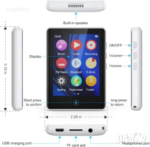 MP3 плейър 32GB с BT 5.0 Поддържа TF до 128GB, Timoom M6 MP3 HIFI Lossless Sound Музикален плейър, снимка 3 - Музикални играчки - 47963758