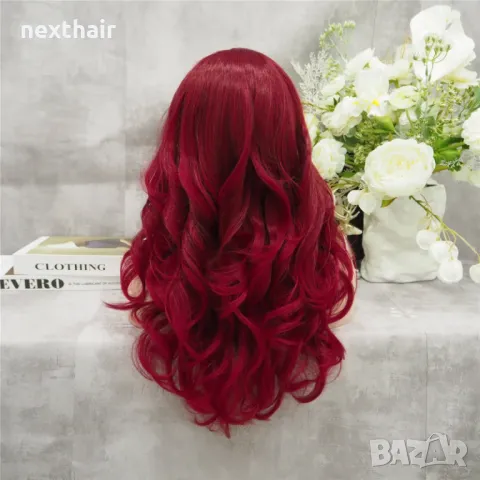 Луксозна бордо бургунди перука с дълбоки вълни и дантела лейс фронт, снимка 2 - Аксесоари за коса - 48012704