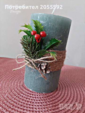 Декорирана коледна зелена свещ, снимка 1 - Коледни подаръци - 38595151