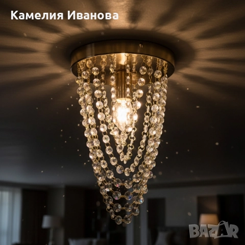 Луксозен плафон с кристали – впечатляващ светлинен ефект дори в малки помещения, снимка 2 - Полилеи - 52081526