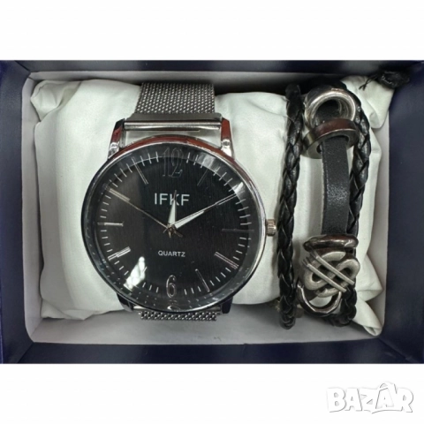 Мъжки комплект – кварцов часовник с метална верижка и стилна гривна в подаръчна кутия, снимка 4 - Бижутерийни комплекти - 51947406