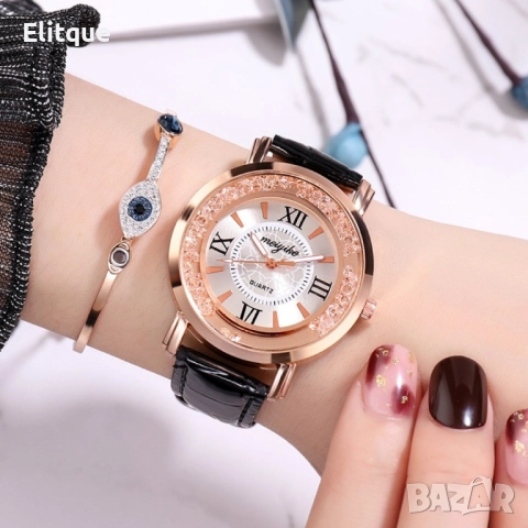 Дамски ръчен часовник с кръгъл циферблат с камъни и к. каишка. бял, червен, лилав, син, черен, розов, снимка 7 - Дамски - 52819449