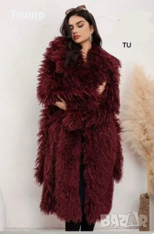 Хит на сезона ! Дълго палто еко косъм тип пудел,  бордо, снимка 2 - Палта, манта - 52150203