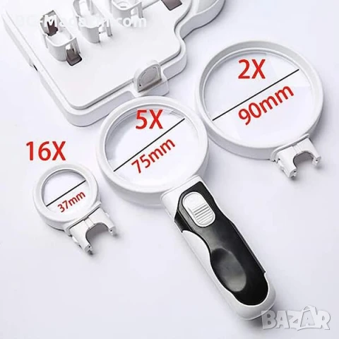 Увеличителна ръчна и настолна лупа с LED осветление сменяеми лещи регулируемо рамо за четене гоблени, снимка 9 - Други инструменти - 50920951