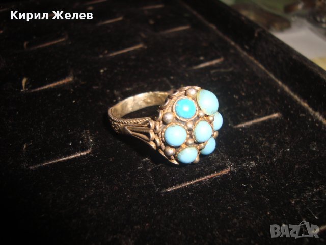 СТАРИНЕН СРЕБЪРЕН ТЮРКОАЗЕН ВЪЗРОЖДЕНСКИ ПРЪСТЕН ЕСТЕСТВЕН ТЮРКОАЗ СРЕБРО КУЮМДЖИЙСКА РАБОТА 22627, снимка 13 - Антикварни и старинни предмети - 33045324