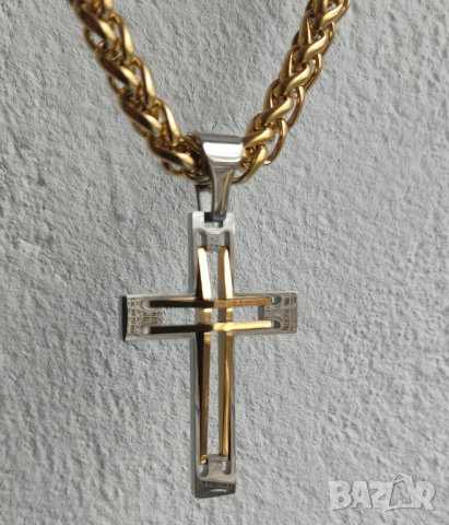 Масивен ланец кръст от медицинска стомана, цвят златен злато, снимка 4 - Колиета, медальони, синджири - 44000949