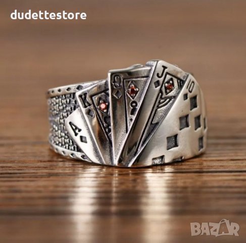Голям сребърен пръстен с карти , снимка 1 - Пръстени - 37479013