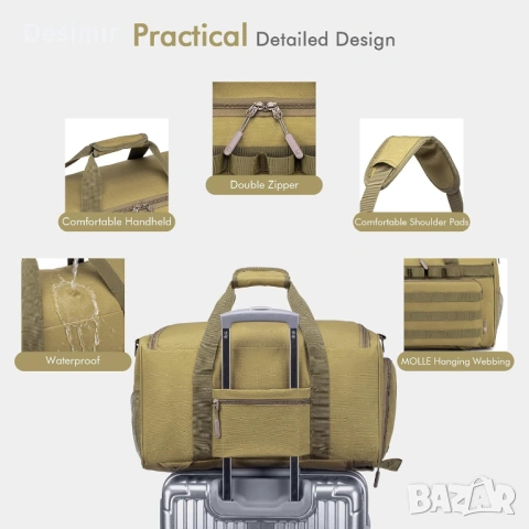 Тактическа спортна и пътна чанта BAGZY 40L – 3-в-1 (раница, сак, чанта през рамо), цвят каки, снимка 6 - Чанти - 53039836