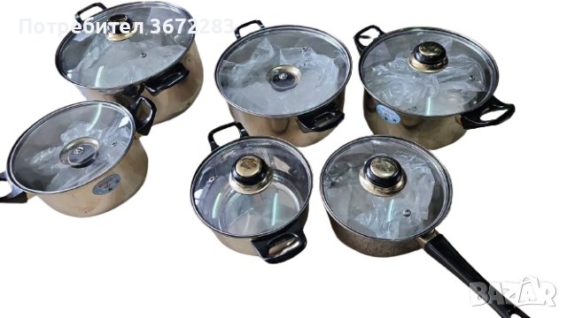Комплект от 12 части съдове за готвене от неръждаема стомана със стъклени капаци, снимка 6 - Съдове за готвене - 43682678