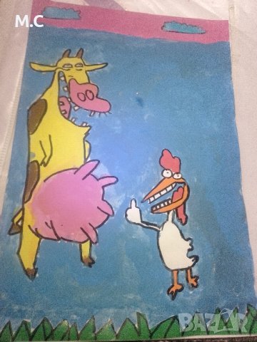 Ръчно изработена детска картичка"Крава и пиле", снимка 1 - Други - 43042197