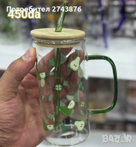 Стъклена чаша огнеупорно стъкло с цветна дръжка, бамбуков капак, стъклена сламка,декор плодове,0.45л, снимка 3 - Чаши - 37221579