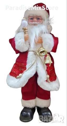Декоративен Дядо Коледа със светеща факла и камбанки, на батерии. Височина: 40см.