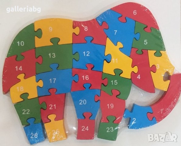 Дървен пъзел, Слон - цифри, азбука, мозайка, снимка 1 - Игри и пъзели - 40830149
