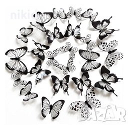 3D 12 бр pvc Черно бели самозалепващи пеперуди декорация за стена и мебел, снимка 3 - Декорация за дома - 21168736