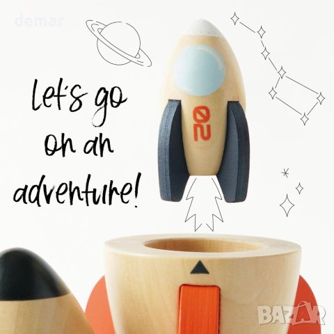 Дървена космическа дуо играчка със скрита мини ракета за малки деца, снимка 4 - Влакчета, самолети, хеликоптери - 43216656