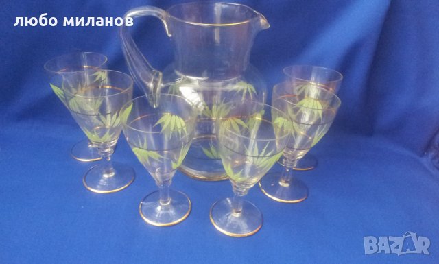 Комплект 6 чашки, кана за алкохол, златни кантове, листа зелена посипка, снимка 3 - Антикварни и старинни предмети - 34845864