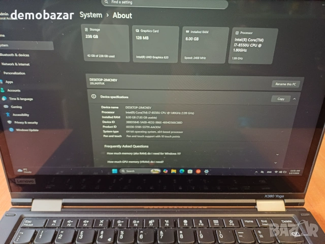 13.3'FHD 4G IPS Touch Lenovo Yoga Core™i7-8th/8GB DDR4/256GB SSD NVMe, снимка 6 - Лаптопи за работа - 53130889