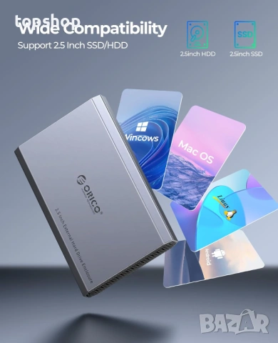 Алуминиева кутия за 2.5" SSD/HDD диск ORICO – USB-C 3.2, 6Gbps, снимка 6 - Кабели и адаптери - 53252260