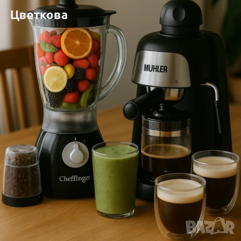 Комплект от еспресо машина MUHLER 2 стъклени чаши и блендер с мелничка Cheffinger Home , снимка 4 - Кафемашини - 52379379