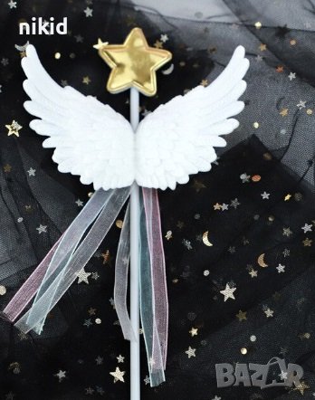 Бели крила със звезда на пръчка пластмасов топер украса декор за торта