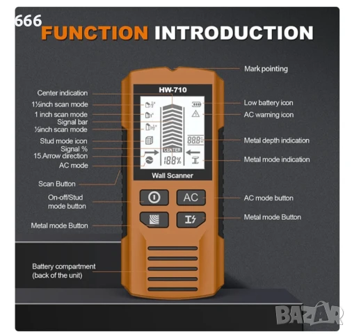 Многофункционален ръчен метален и стенен детектор, снимка 3 - Други инструменти - 51233739