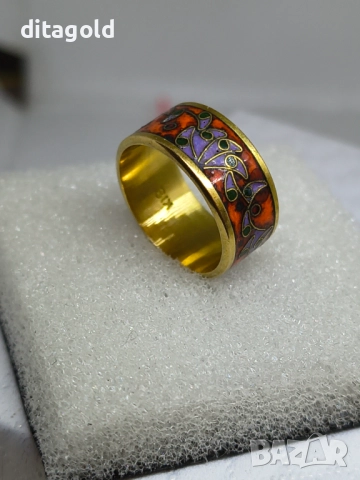 Реновиран 18К златен пръстен халка с цветен емайл 5.60 гр 18К