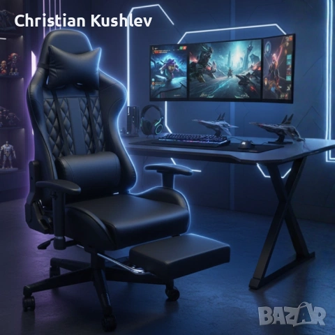 Геймърски стол с прибираща се подложка за крака и функция за масаж - черен, снимка 5 - Столове - 53275414