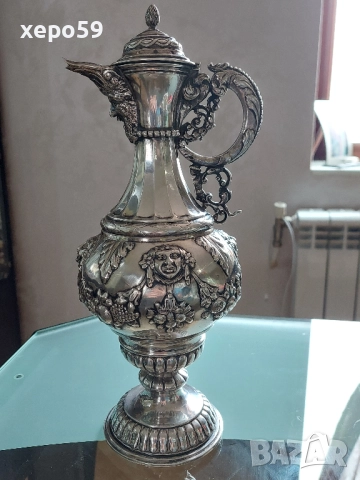 RRR Много рядка сребърна кана/ 19 век/сребро, злато, чаша