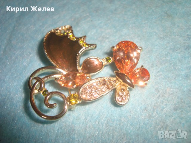 ЕМАЙЛИРАНА СКЪПОЦЕННА ПОЗЛАТЕНА БРОШКА ПЕПЕРУДА БОХЕМСКИ КРИСТАЛИ и ЦИТРИН АРТ-НУВО СТИЛ 26272, снимка 4 - Други - 34792933