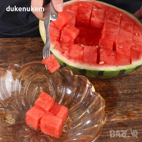 Нож и вилица за диня, 2-в-1, иноксов, ергономичен, за кухня и къмпинг, снимка 7 - Прибори за хранене, готвене и сервиране - 52638226