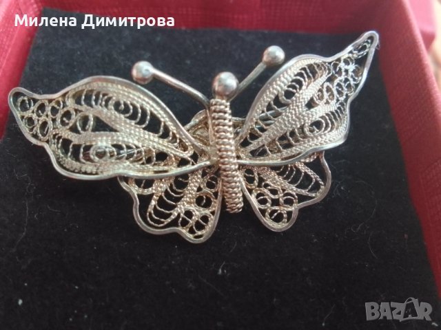 Сребърна брошка Пеперуда от филигран, снимка 7 - Колиета, медальони, синджири - 43620877