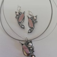 Сребърен комплект с розов кварц и естествени перли, снимка 5 - Бижутерийни комплекти - 40851056